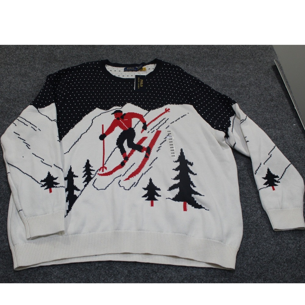 Polo Ralph Lauren Skiing Snow Mountain Trees Knit Sweater 3XB Navy White‎ Red
